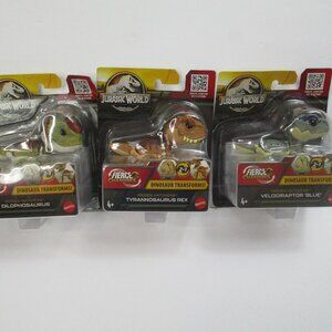 3 x Jurassic World Fierce Changers Tyrannosaurus Dilophosaurus Velociraptor Toy